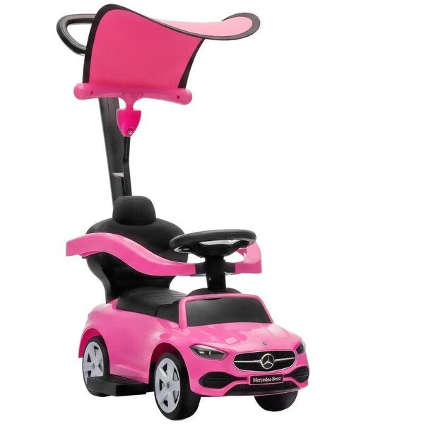 4 in 1 Licensed Benz Ride on Push Car with Handle, Canopy, Guardrails, Horn, Music, Storage for 12-36 Months, Pink