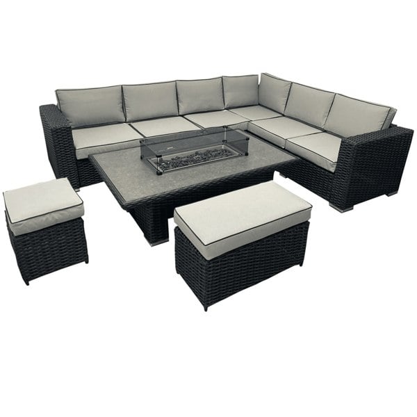 Furnishings For Less L Shaped 9 Seater Black Rattan Patio Set With Fire Pit Table