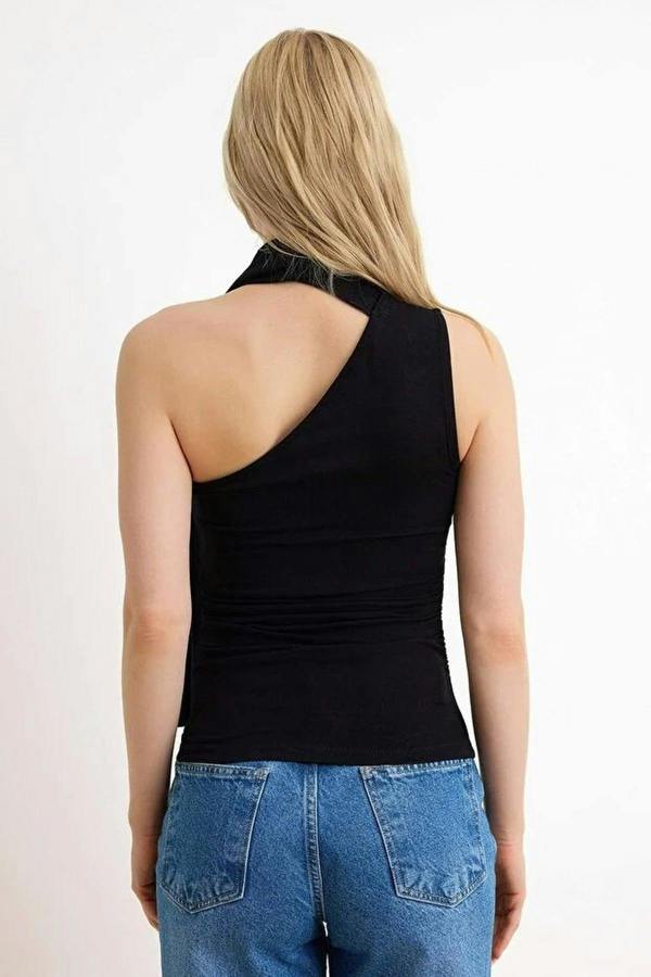 WOVCOR Fitted Asymmetrical Neckline Tie Detail Soft Knit Blouse