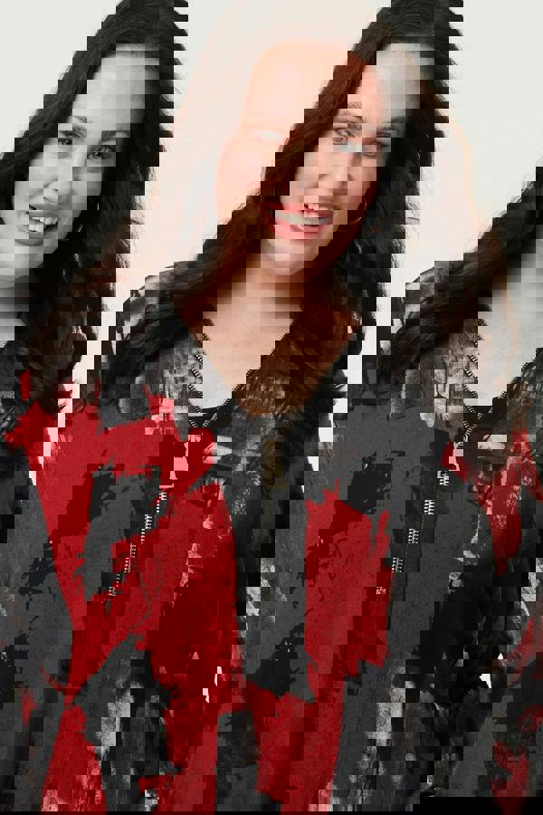 Red | Curve Abstract Zip Front Long Sleeve Top