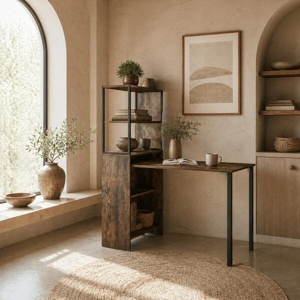 Wyld Haus Serana 105cm Wooden Brown Folding Work Table With Integrated Shelving