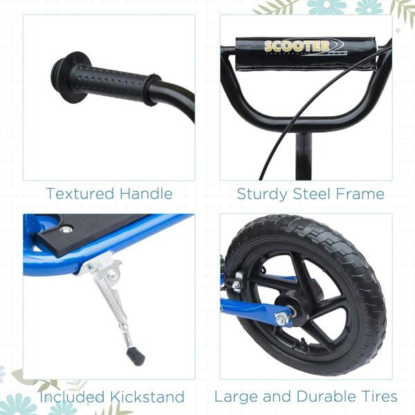 Blue kids kick scooter details: textured handle, steel frame, large durable tires