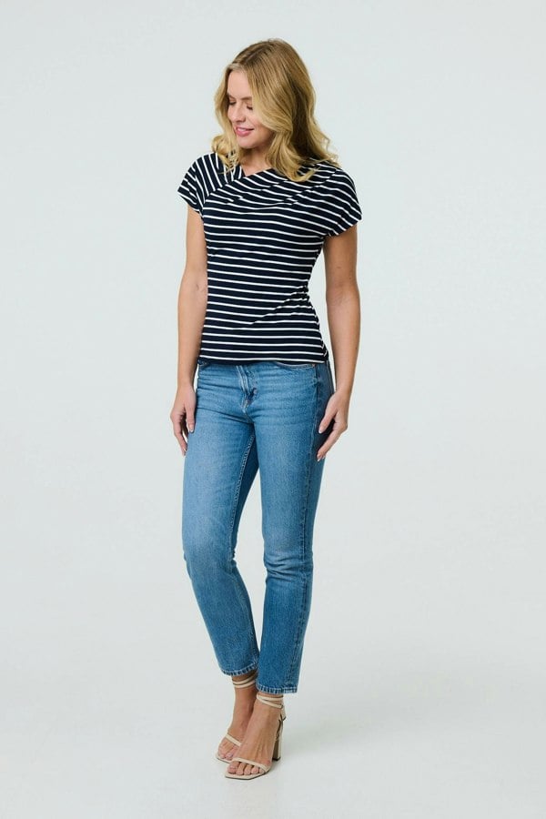 Navy | Striped Asymmetric Short Sleeve Top

