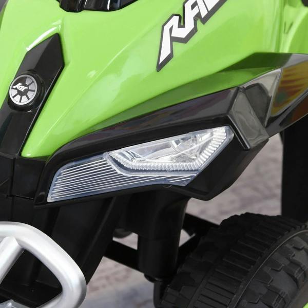 Toddler ride-on car walker front headlight and bumper detail in green and black