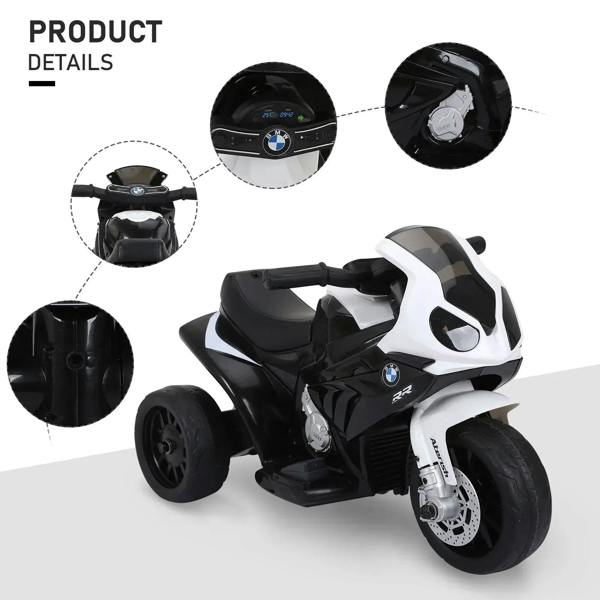 Kids electric ride-on motorbike in black-and-white with padded seat, handlebar, and wheels.