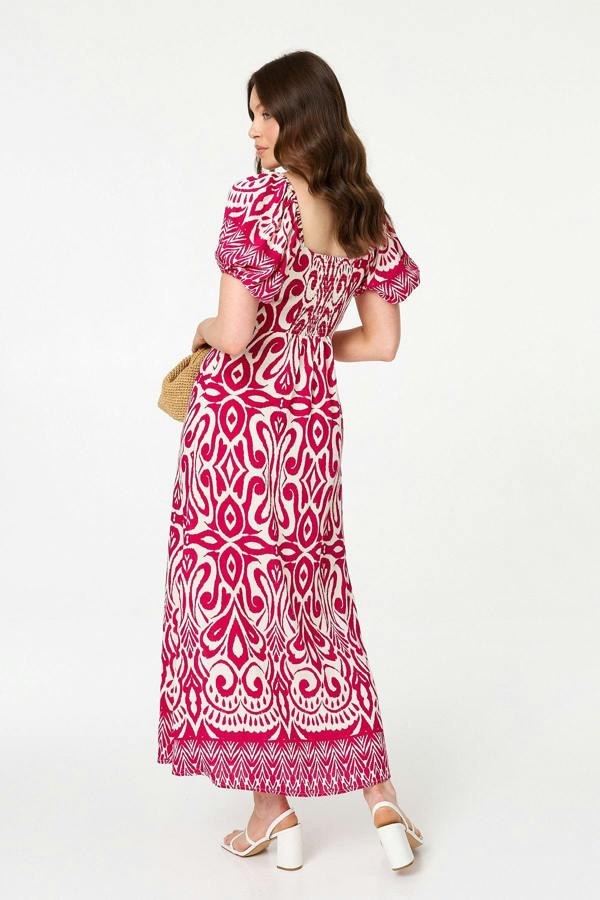 Pink | Printed Short Sleeve A-Line Maxi Dress