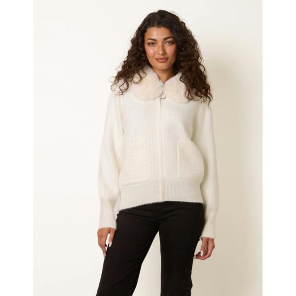 Blue Vanilla Ribbed Cardigan With Faux Fur Collar