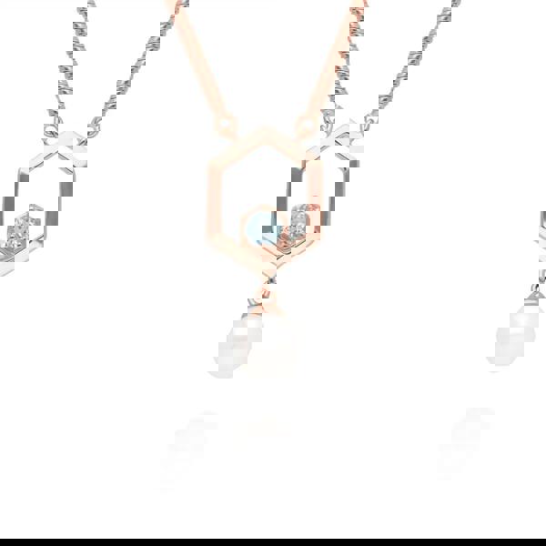 270N035605925 Modern Pearl & Aquamarine Hexagon Drop Necklace in Rose Gold Plated Silver 1