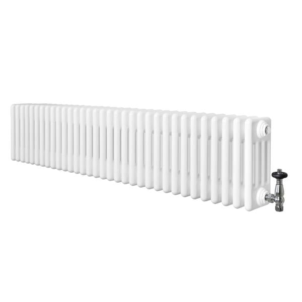 Traditional white 4 column radiator with a sleek design, featuring smooth, rounded edges and a polished valve for efficient heating