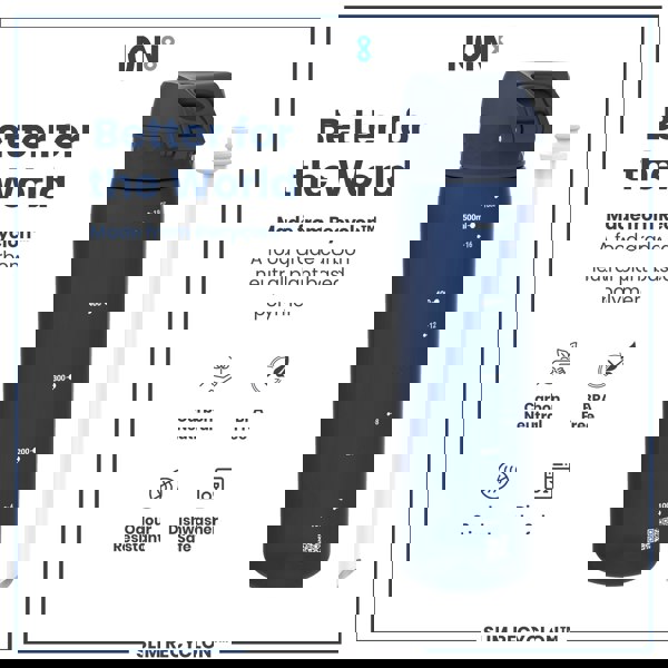 A dark-blue water bottle sits next to its white straw; it's made from a plant-based polymer, is BPA-free, and dishwasher safe. The bottle is marked with volume measurements in milliliters and ounces.