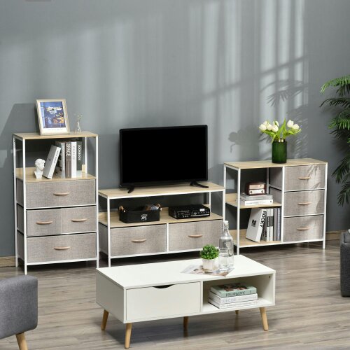 Wyld Haus Pasaha White Metal and Natural Wood Storage Chest With 3  Grey Fabric Drawers and 2 Shelvess