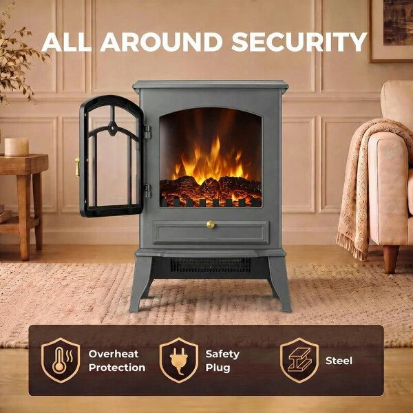 Electric Fireplace Stove, 1000/2000W 3-Sided Freestanding Fireplace Heater with 3D Flame Log, Thermostat, Grey