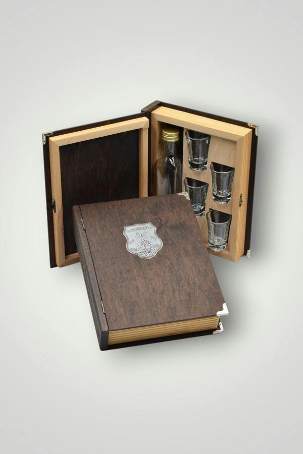 Bottle and glasses in a wooden book case gift set Husband