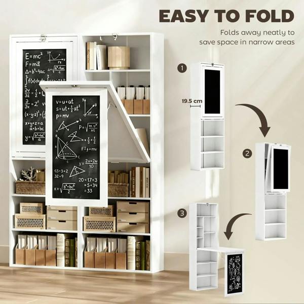 White fold-out work desk partially folded showing how it expands into shelving