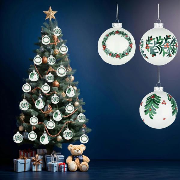 8cm Christmas Glass Baubles, 12 Pack White Hanging Tree Ornaments with Assorted Designs image 3