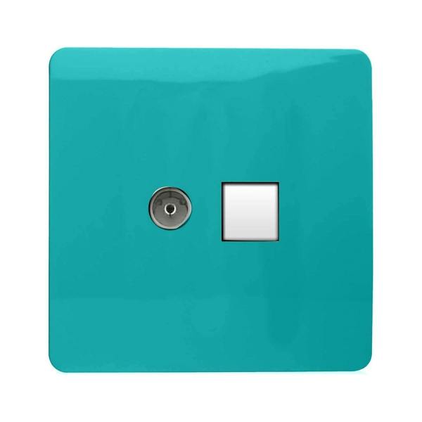 Trendi Switch 2 Gang TV Co-Axial & RJ45 Cat 6 Modern Designer PC Ethernet Sockets in Bright Teal