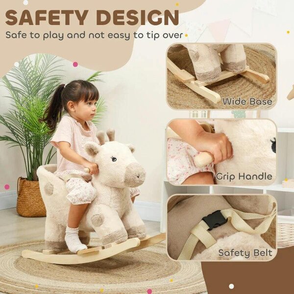 Rocking Horse, Stable Plush Ride on Horse Giraffe Design with Music, Security Belt, Baby Toy Rocker for 1-3 Years, Beige