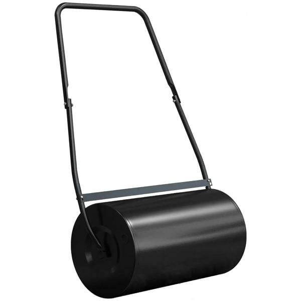 Black lawn roller push cart with curved handle and cylindrical drum
