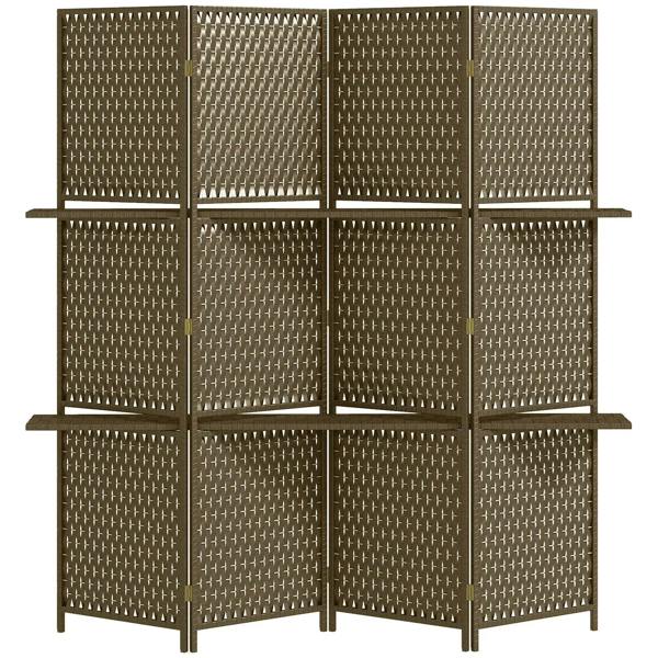 4-panel freestanding privacy screen divider with shelves, brown woven wave fibre weave