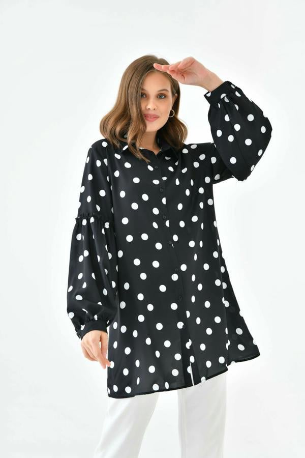 Hoxton Gal Oversized Balloon Sleeves Shirt Tunic with Polka Dot Print in Black and White