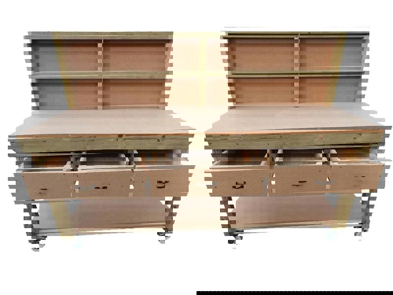 Wooden MDF Top Workbench – Mobile Tool Cabinet with Drawers, Back Panel and wheels, Ideal for Dry Indoor Spaces Such as Garages, Workshops, and Studios.