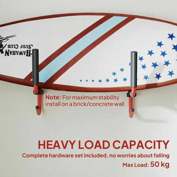 Red wall-mounted kayak/canoe storage rack with black padded arms on a wall (heavy load)