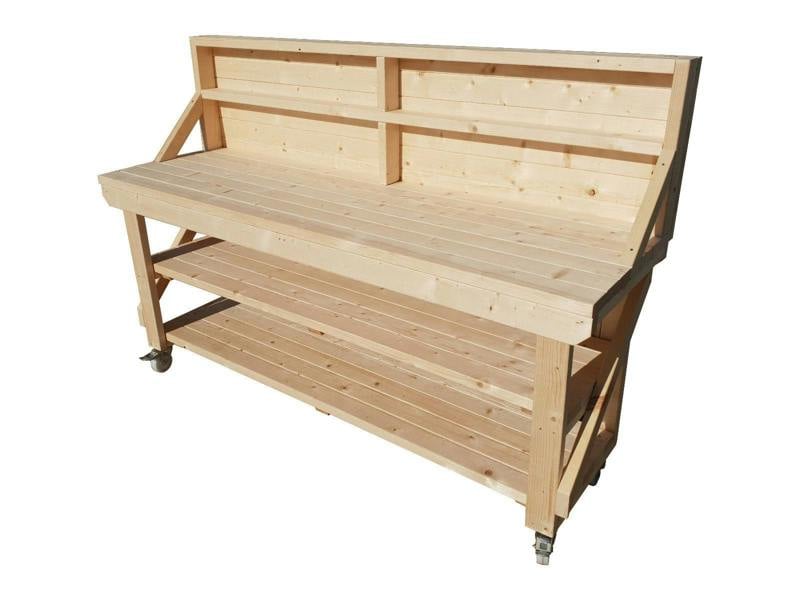 Acorn kiln-dried wooden workbench with back panel, double shelf and wheels ideal for workshops and garages