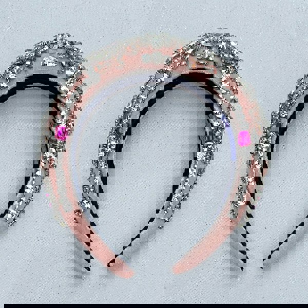 Pink padded headband, covered in crystals, clear and pink jewel details, statement luxury hair accessory
