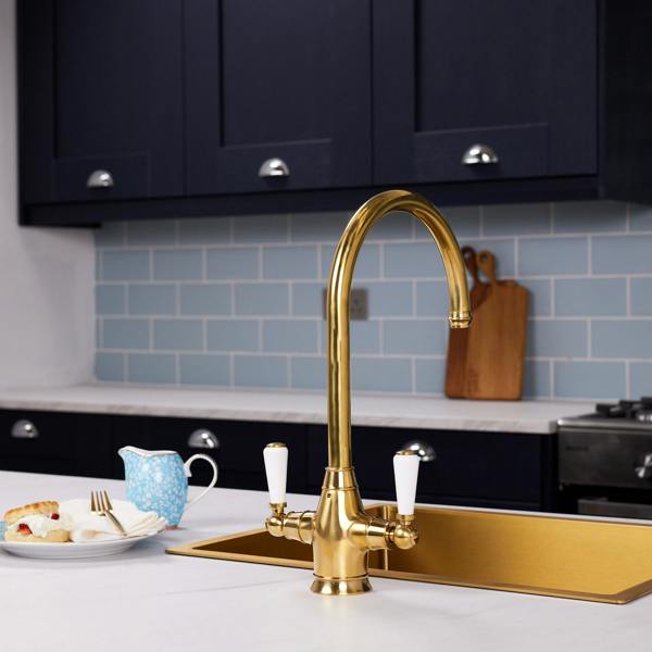 Flode Halden | Dual Lever Kitchen Sink Mixer Tap with Swivel Spout | Polished Brass Finish