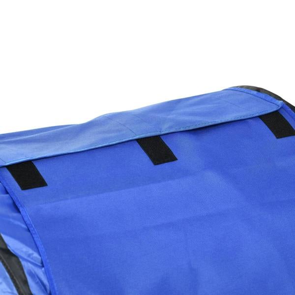 Blue fabric tunnel with black straps and reinforced end seam