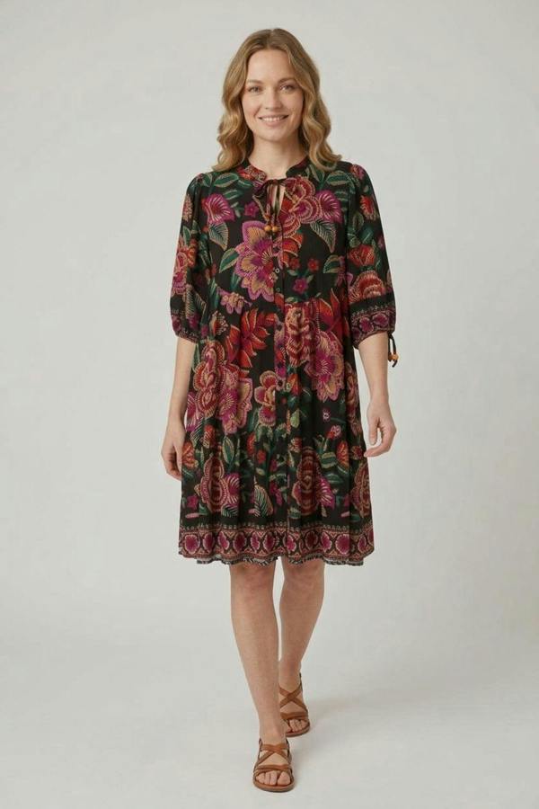 Black | Floral Relaxed 1/2 Sleeve Short Dress