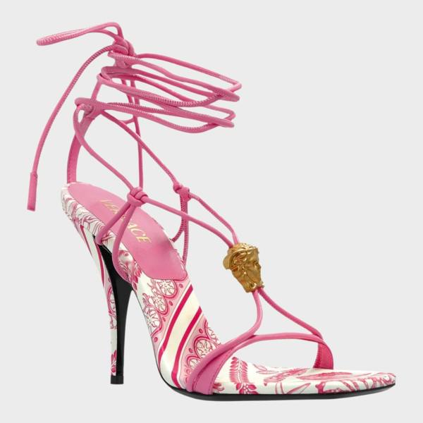 Versace Medusa Barocco Square Toe Heeled Sandals Pink White