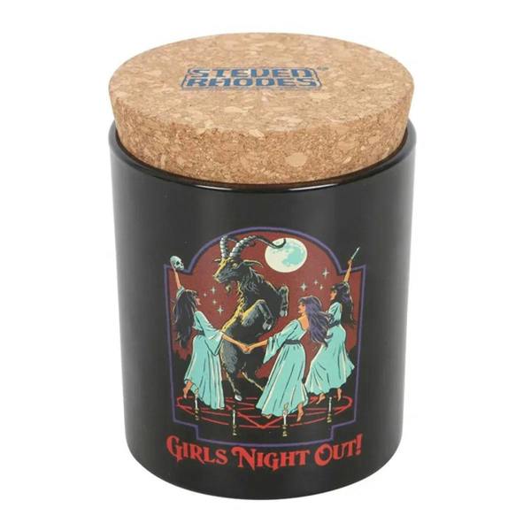 Black scented candle jar with Girls Night Out graphic and cork lid on top.