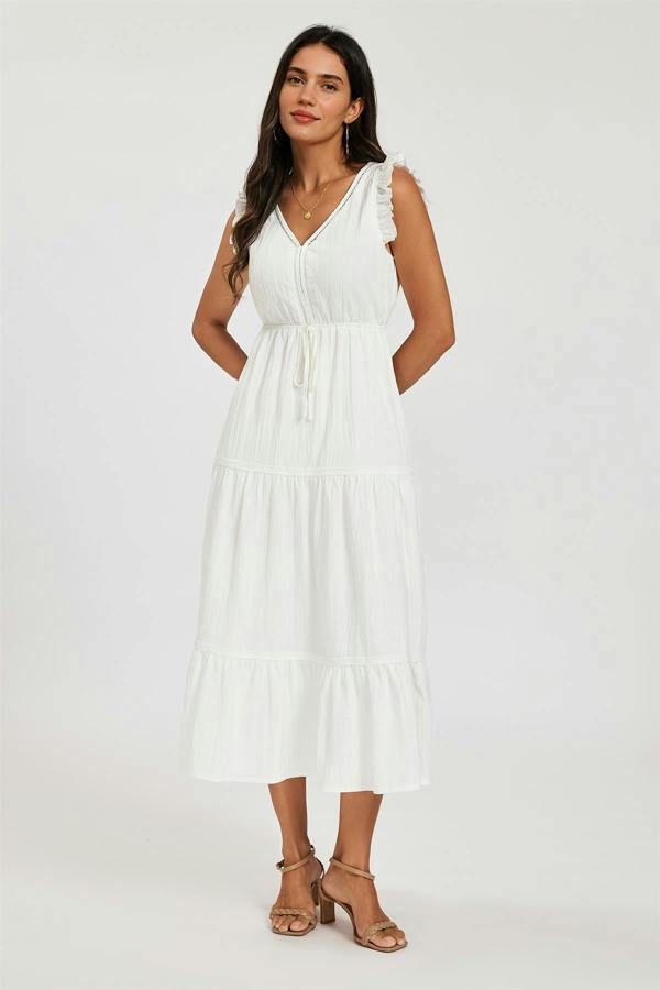 FS Collection Frill Sleeve Lace Detail Midi Dress In White