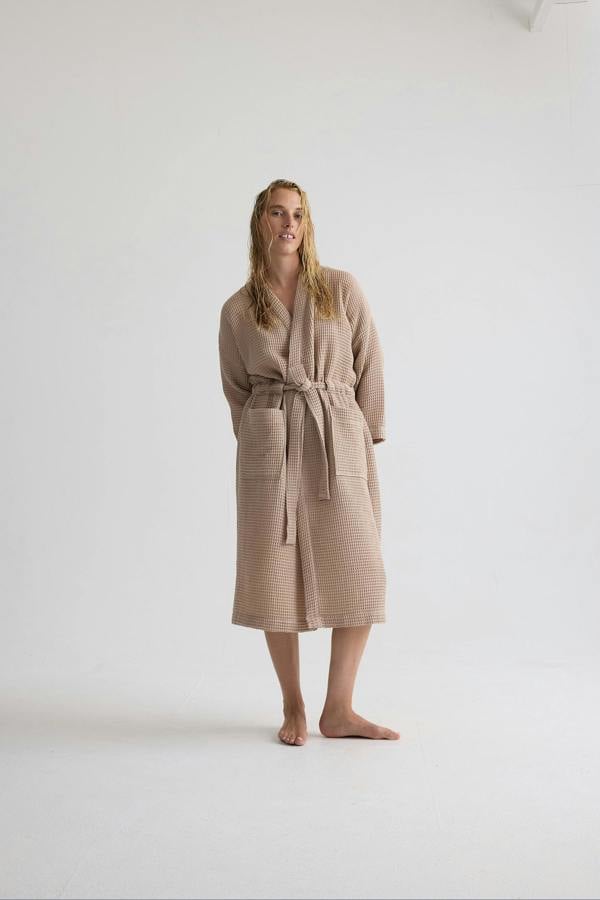 Pretty You London Waffle Kimono Robe In Summer Sand