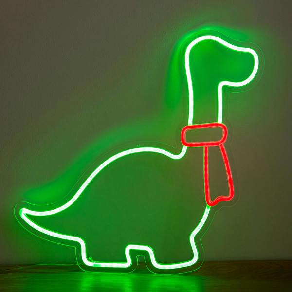 Samuel Alexander 43cm Light up Green & Red Neon Dinosaur Christmas Light with Scarf & Stand