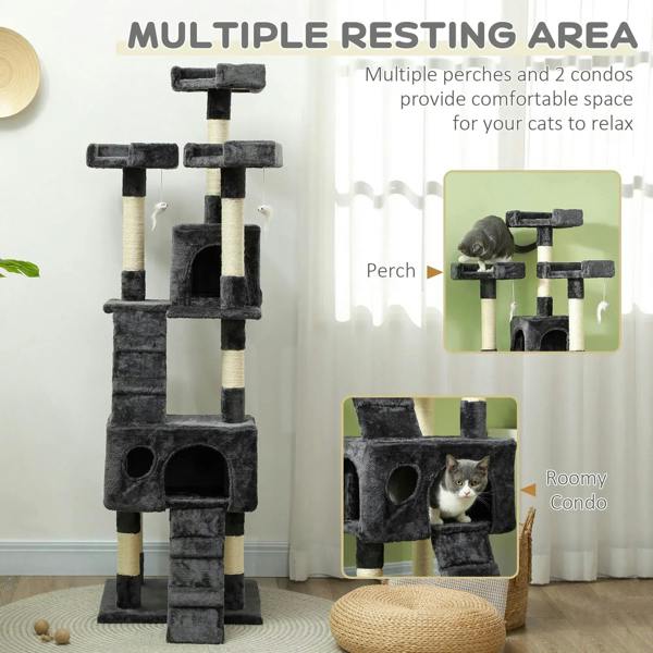 Grey cat tree with multiple resting perches and enclosed condo spaces