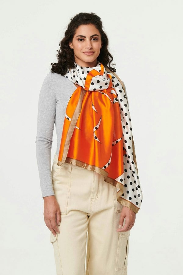 Orange | Polka Dot Border Print Shawl Scarf
