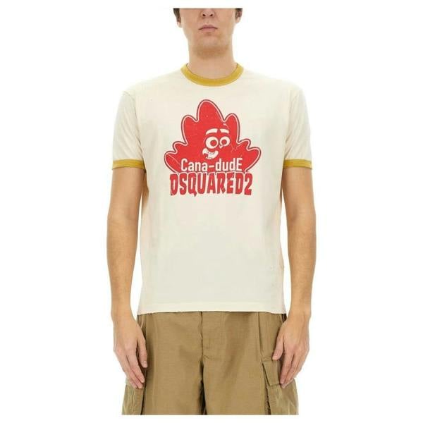 DSquared2 Mens Cana-dude Logo T-Shirt - Milk White/Red - 