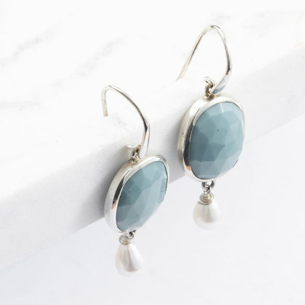 T. H. Baker Sterling Silver Turquoise & Pearl Dropper Earrings ESFSTUPW
