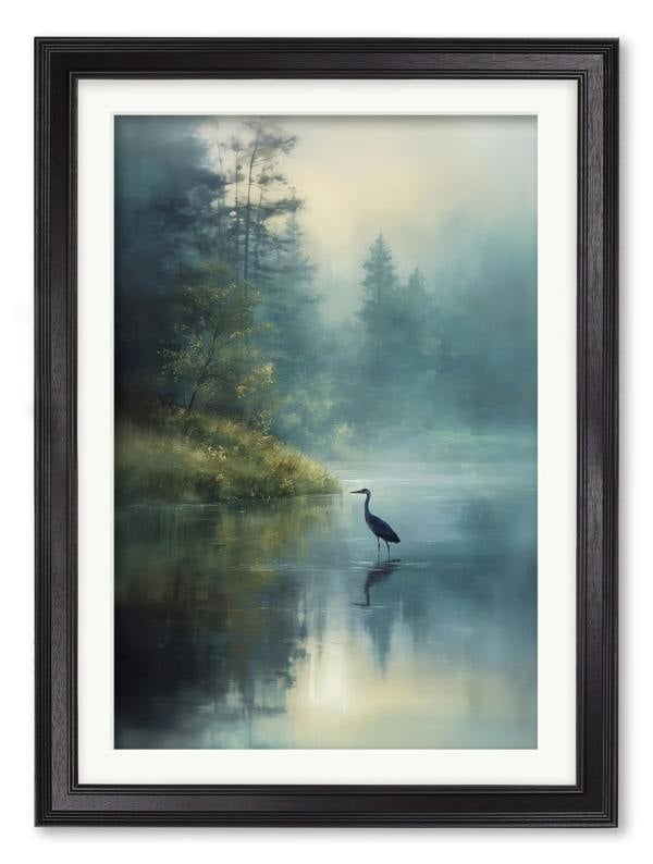 Exceptional Art Misty Lake Heron - Black Hurstwood frame