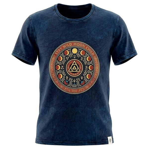 Blue stonewashed cotton T-shirt with front circular Stay Wild Moon Child graphic