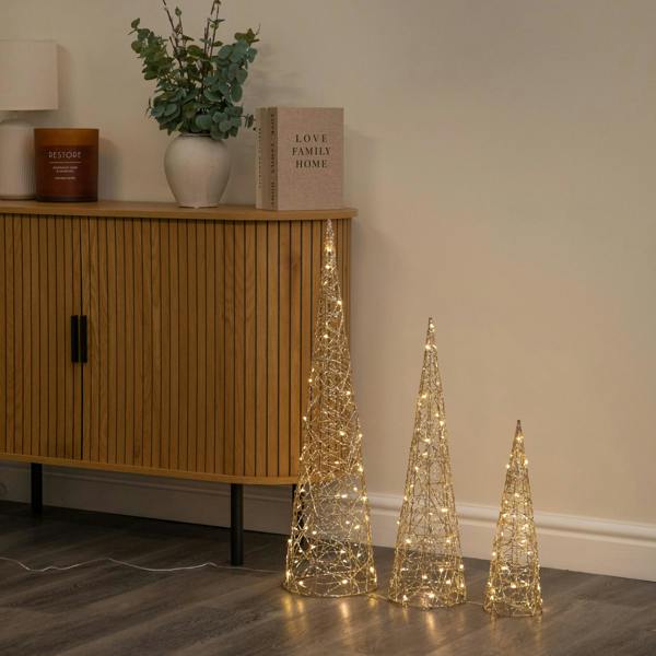 Samuel Alexander Set of 3 Gold Light Up Gold Christmas Cones Decorations with 120 Warm White LEDs
