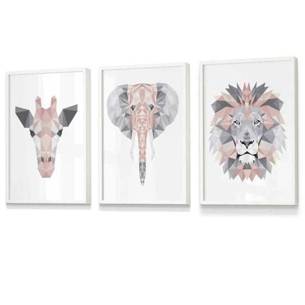 Framed Set of 3 Geometric Blush Pink and Grey JUNGLE HEADS Lion Elephant Giraffe | Artze Wall Art UK