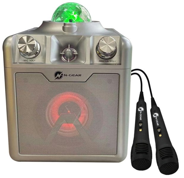 N-Gear | Disco Star 710 Silver Bluetooth Speaker Karaoke Set Party Box with Star Projector & 2 Microphones