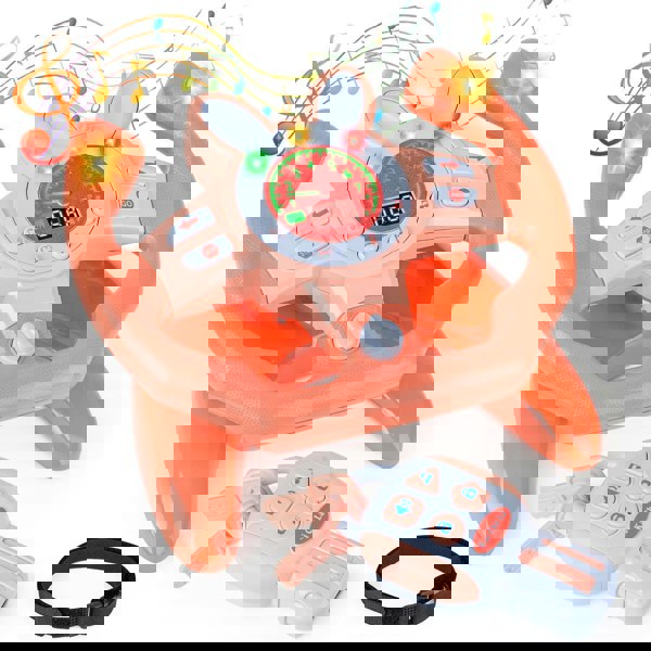 deAO Toys Interactive Pink Car Steering Wheel Toy – Lights, Music & Simulated Driving. Fun & Educational Gift for Toddlers and Kids