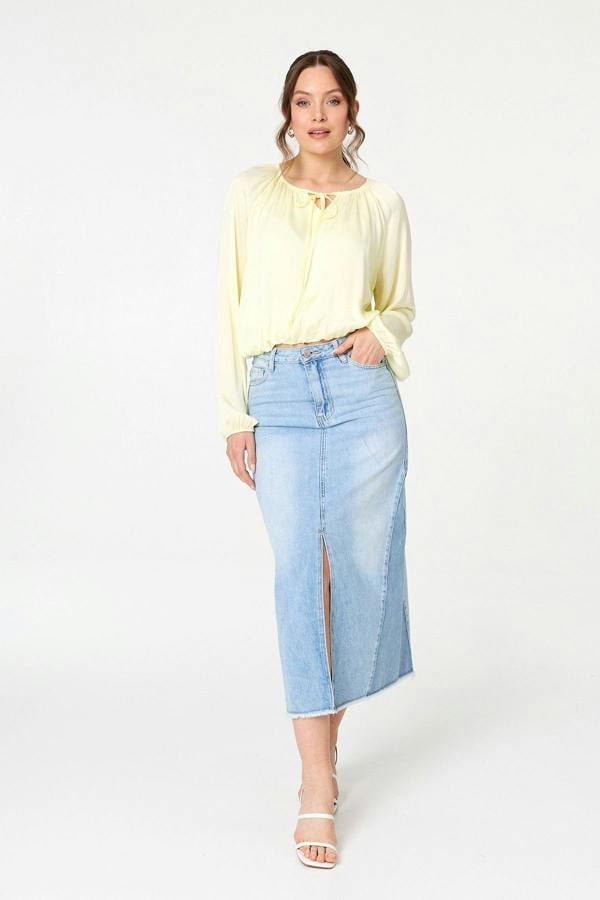 Yellow | Tie Front Long Sleeve Bubble Hem Blouse