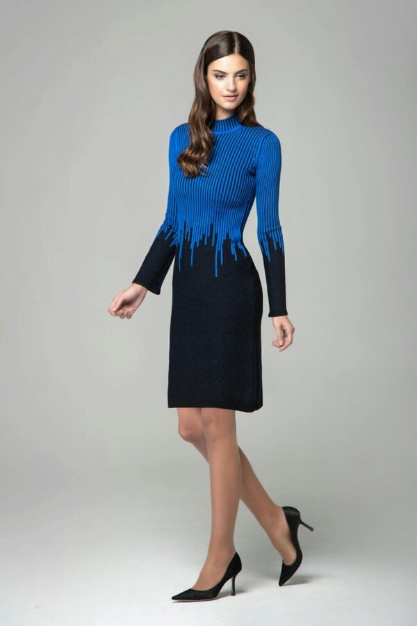 Talia blue two-tone ribbed knit dress with rain drop effect and bell sleeves