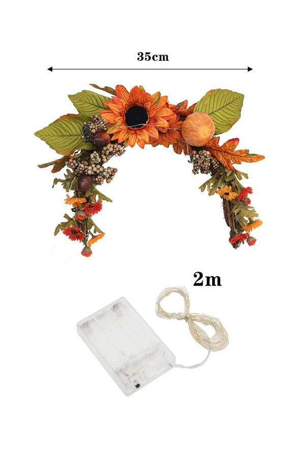 Living and Home Artificial Sunflower Swag Wreath with Pumpkins Halloween Hanging Decoration with Light