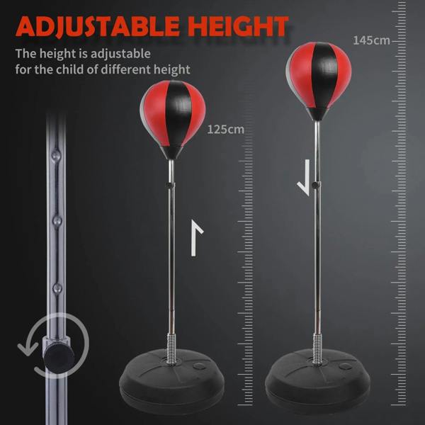 Adjustable boxing stand with red-and-black punching ball and measurement markings
